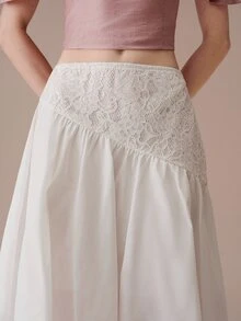 BELROSIE Lace Patchwork Design Asymmetrical Hem Bohemian Vacation Style Midi Skirt - White - View 5