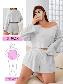 Solflare Plus Size Solid Color Top & Shorts 2 Pieces Set Fall - Light Grey - View 7