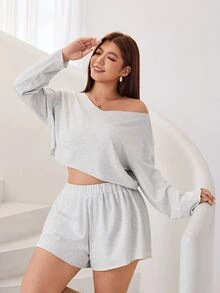 Solflare Plus Size Solid Color Top & Shorts 2 Pieces Set Fall - Light Grey - View 6