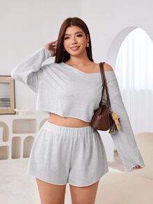 Solflare Plus Size Solid Color Top & Shorts 2 Pieces Set Fall - Light Grey - View 5