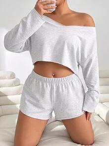 Solflare Plus Size Solid Color Top & Shorts 2 Pieces Set Fall - Light Grey - View 2