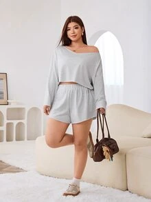 Solflare Plus Size Solid Color Top & Shorts 2 Pieces Set Fall - Light Grey - View 4