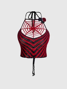 ROMWE Atasan Rajut Seksi Wanita Motif Jaring Laba-laba Halloween Garis-garis Hitam - Jeruk - View 1