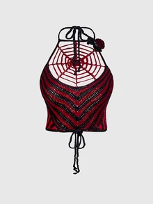 ROMWE Atasan Rajut Seksi Wanita Motif Jaring Laba-laba Halloween Garis-garis Hitam - Jeruk - View 2