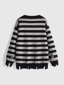 Beetlejuice X ROMWE IP Collaboration Horror Movie Graphic Distressed Design Long Loose Comfortable Plus Size Pullover Sweater - Black - View 10