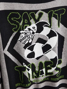 Beetlejuice X ROMWE IP Collaboration Horror Movie Graphic Distressed Design Long Loose Comfortable Plus Size Pullover Sweater - Black - View 7