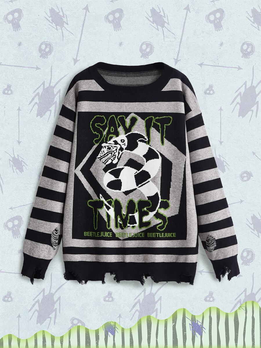 Beetlejuice X ROMWE IP Collaboration Horror Movie Graphic Distressed Design Long Loose Comfortable Plus Size Pullover Sweater - Black - View 1
