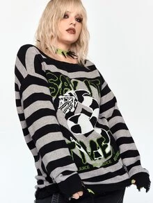 Beetlejuice X ROMWE IP Collaboration Horror Movie Graphic Distressed Design Long Loose Comfortable Plus Size Pullover Sweater - Black - View 11