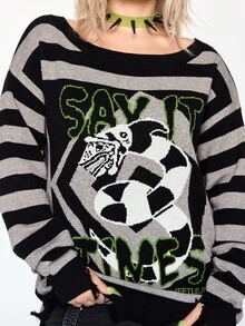 Beetlejuice X ROMWE IP Collaboration Horror Movie Graphic Distressed Design Long Loose Comfortable Plus Size Pullover Sweater - Black - View 3