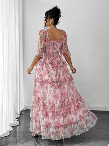 Elenzga Plus Size Women Elegant Pink Floral Mesh Inlay Knitted Dress, Summer Sundress For Wedding Ninang,Tea Party,Easter,Spring Break,Cocktail Party - Multicolor - View 2