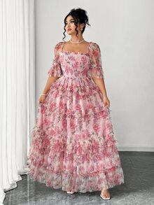 Elenzga Plus Size Women Elegant Pink Floral Mesh Inlay Knitted Dress, Summer Sundress For Wedding Ninang,Tea Party,Easter,Spring Break,Cocktail Party - Multicolor - View 6