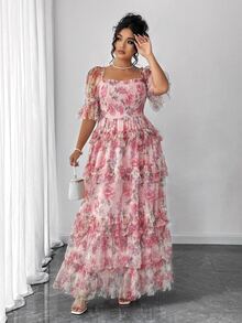 Elenzga Plus Size Women Elegant Pink Floral Mesh Inlay Knitted Dress, Summer Sundress For Wedding Ninang,Tea Party,Easter,Spring Break,Cocktail Party - Multicolor - View 7