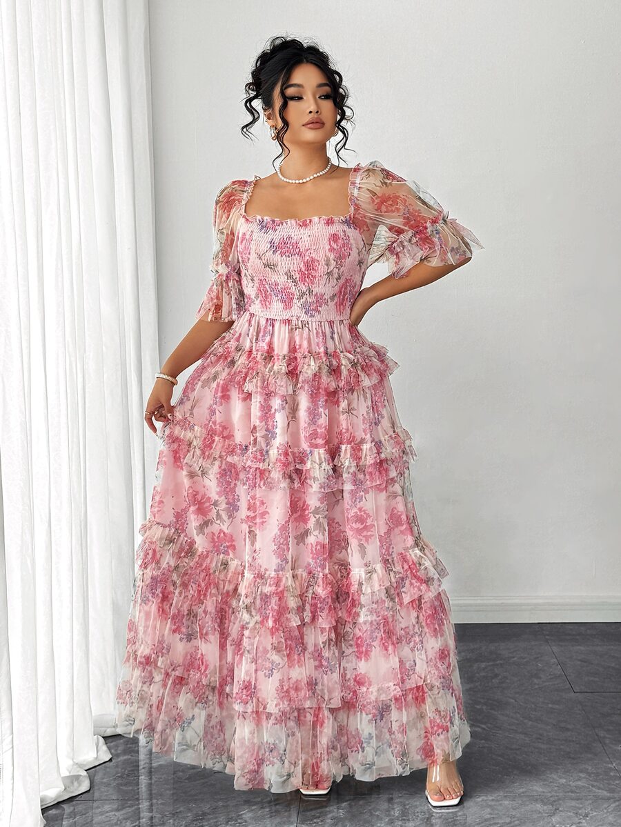Elenzga Plus Size Women Elegant Pink Floral Mesh Inlay Knitted Dress, Summer Sundress For Wedding Ninang,Tea Party,Easter,Spring Break,Cocktail Party - Multicolor - View 1