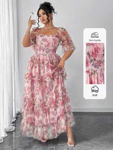 Elenzga Plus Size Women Elegant Pink Floral Mesh Inlay Knitted Dress, Summer Sundress For Wedding Ninang,Tea Party,Easter,Spring Break,Cocktail Party - Multicolor - View 3