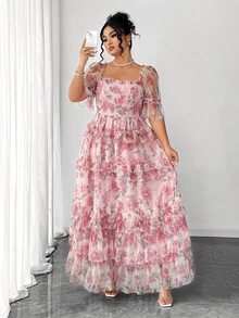 Elenzga Plus Size Women Elegant Pink Floral Mesh Inlay Knitted Dress, Summer Sundress For Wedding Ninang,Tea Party,Easter,Spring Break,Cocktail Party - Multicolor - View 5