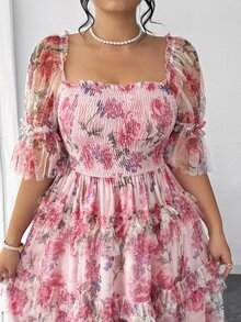 Elenzga Plus Size Women Elegant Pink Floral Mesh Inlay Knitted Dress, Summer Sundress For Wedding Ninang,Tea Party,Easter,Spring Break,Cocktail Party - Multicolor - View 4