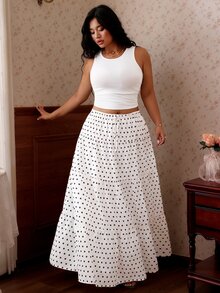 CovetEZ Frühlings-/Sommer-Neuheit, weißes Polka-Punkt-ärmelloses Trägershirt und Maxi-Rock mit Bindedetail 2 Stücke Set, Urlaubsoutfit in Große Größen - Schwarz und Weiss - Übersicht 4