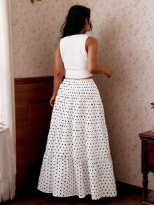 CovetEZ Frühlings-/Sommer-Neuheit, weißes Polka-Punkt-ärmelloses Trägershirt und Maxi-Rock mit Bindedetail 2 Stücke Set, Urlaubsoutfit in Große Größen - Schwarz und Weiss - Übersicht 2
