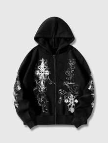ROMWE MEN Goth 男士十字印花拉鍊連帽衛衣附抽繩 - 黑色 - 查看 3
