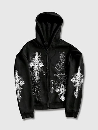 Goth Sweat-shirt à capuche zippé pour hommes avec imprimé croix et cordon de serrage
