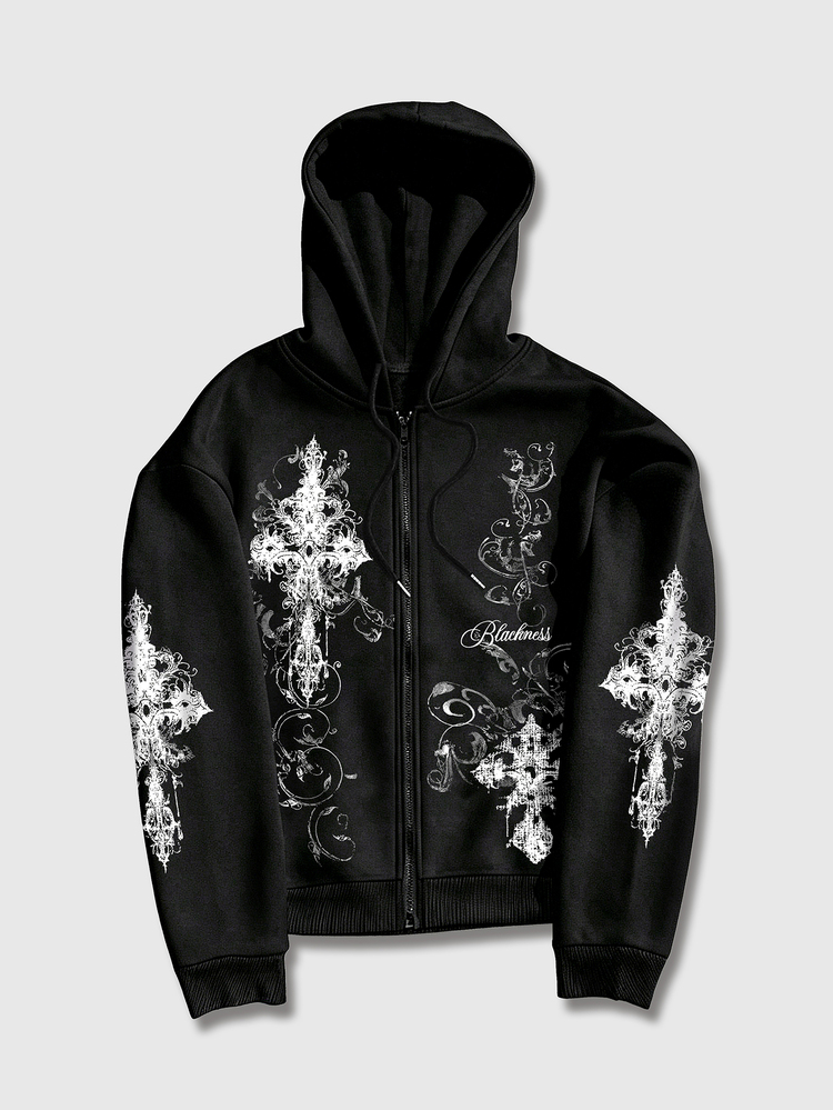 ROMWE MEN Goth Men's Cross Print Zip-Up Hoodie With Drawstring - Black - View 1