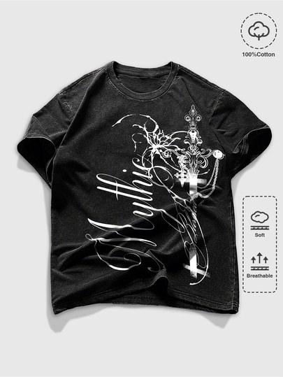 ROMWE MEN Goth Men's Summer Casual Letter Print T-Shirt