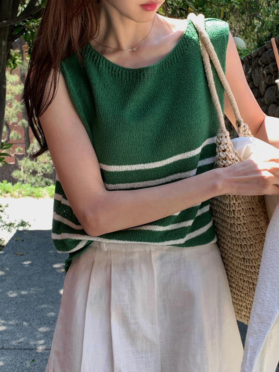 Striped Vest Sleeveless Layered Design Women Knit Top Summer