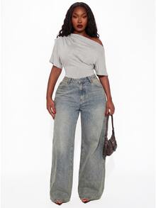 SHEIN SXY Plus Size Women's Casual Sexy Off-Shoulder Asymmetric Bodysuit, Suitable For Leisure, Daily Wear, Versatile, Street Style, Spring/Summer - Grey - View 8