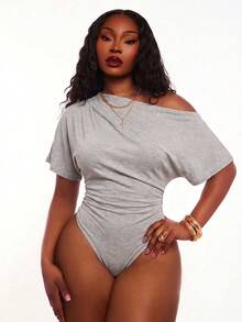 SHEIN SXY Plus Size Women's Casual Sexy Off-Shoulder Asymmetric Bodysuit, Suitable For Leisure, Daily Wear, Versatile, Street Style, Spring/Summer - Grey - View 6