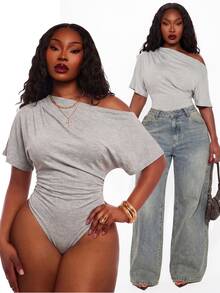 SHEIN SXY Plus Size Women's Casual Sexy Off-Shoulder Asymmetric Bodysuit, Suitable For Leisure, Daily Wear, Versatile, Street Style, Spring/Summer - Grey - View 5