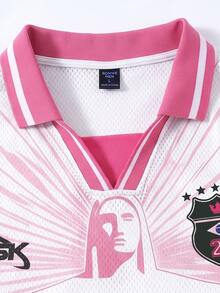 ROMWE MEN Street Life Casual Sports Jesus Pattern Print Short Sleeve Round Neck Jersey T-Shirt, World Cup - Pink - View 3