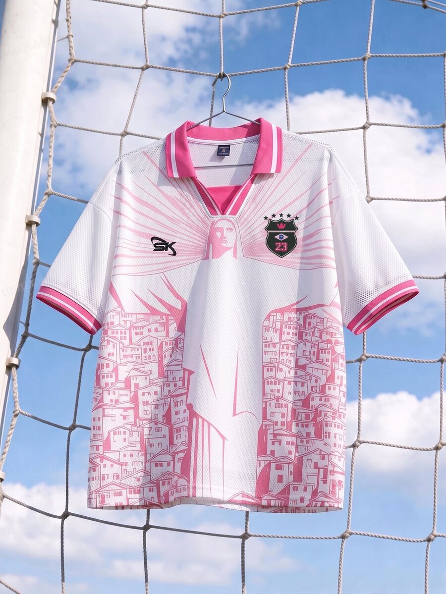 ROMWE MEN Street Life Casual Sports Jesus Pattern Print Short Sleeve Round Neck Jersey T-Shirt, World Cup - Pink - View 1