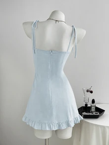 Elamini Women's Sweet Minimalist Sexy Floral Print Button Ruffle Hem Dress - Baby Blue - View 2