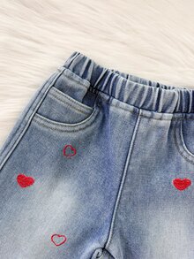 女嬰 Y2K 暖心刺繡抓絨內裡藍色牛仔寬鬆牛仔褲，秋冬款，嬰兒上學服裝，保暖牛仔褲，聖誕套裝，幼兒牛仔褲 - 淺色水洗藍 - 查看 5