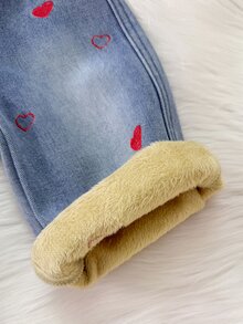 女嬰 Y2K 暖心刺繡抓絨內裡藍色牛仔寬鬆牛仔褲，秋冬款，嬰兒上學服裝，保暖牛仔褲，聖誕套裝，幼兒牛仔褲 - 淺色水洗藍 - 查看 6