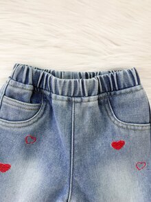 女嬰 Y2K 暖心刺繡抓絨內裡藍色牛仔寬鬆牛仔褲，秋冬款，嬰兒上學服裝，保暖牛仔褲，聖誕套裝，幼兒牛仔褲 - 淺色水洗藍 - 查看 4