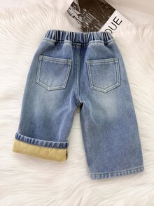 女嬰 Y2K 暖心刺繡抓絨內裡藍色牛仔寬鬆牛仔褲，秋冬款，嬰兒上學服裝，保暖牛仔褲，聖誕套裝，幼兒牛仔褲 - 淺色水洗藍 - 查看 2