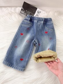 女嬰 Y2K 暖心刺繡抓絨內裡藍色牛仔寬鬆牛仔褲，秋冬款，嬰兒上學服裝，保暖牛仔褲，聖誕套裝，幼兒牛仔褲 - 淺色水洗藍 - 查看 3