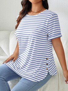 SHEIN LUNE 加大码圆领条纹印花短袖休闲日常秋季 T 恤旅行机场情人节假期女士夏季女士外出上衣女士、商务休闲女士、夏季、可爱衬衫、办公室商务休闲女士 - 藍白色 - 查看 7