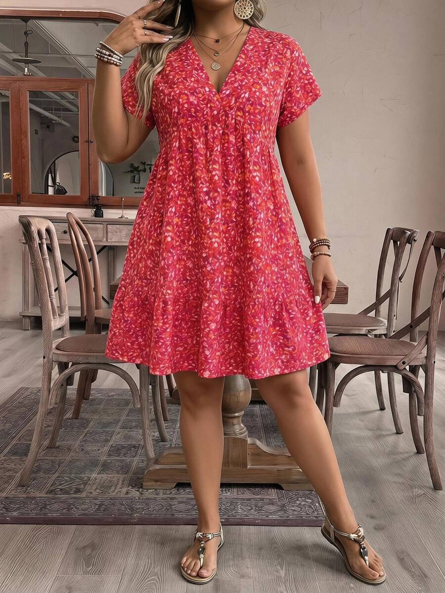 SHEIN LUNE Plus Size Ditsy Floral Short Casual Summer Vacation Dress Beach Vacation Pink - Multicolor - View 1