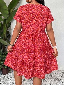 SHEIN LUNE Plus Size Ditsy Floral Short Casual Summer Vacation Dress Beach Vacation Pink - Multicolor - View 2