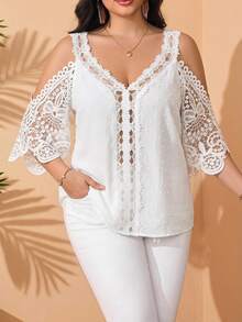 SHEIN Clasi 大碼圓點挖肩提花蕾絲襯衫 - 白色 - 查看 1