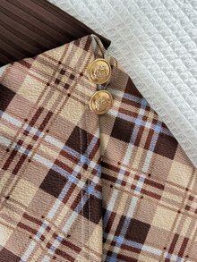 女童柔軟棕色針織冬季上衣 + 格紋短裙套裝，休閒日常出遊，百搭返校穿搭，萬聖節 - 咖啡棕 - 查看 3