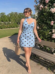 SHEIN MOD Plus Size Women's Polka Dot Tie-Neck Fitted Short Dress Brunch Theme Party Summer Celestial Elegant - Blue - View 1