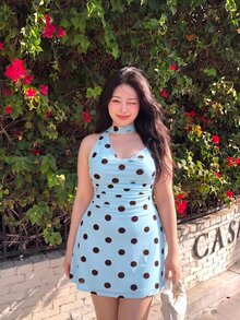 SHEIN MOD Plus Size Women's Polka Dot Tie-Neck Fitted Short Dress Brunch Theme Party Summer Celestial Elegant - Blue - View 6