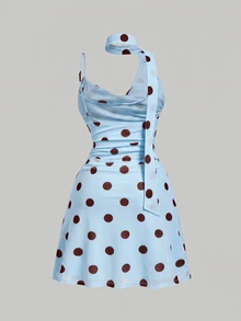 SHEIN MOD Plus Size Women's Polka Dot Tie-Neck Fitted Short Dress Brunch Theme Party Summer Celestial Elegant - Blue - View 2