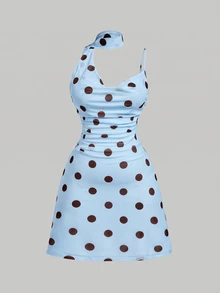 SHEIN MOD Plus Size Women's Polka Dot Tie-Neck Fitted Short Dress Brunch Theme Party Summer Celestial Elegant - Blue - View 3
