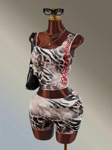 Amplova Women's Leopard Print Red English Letter Short Sleeve Sports Tank Top & Fitted Shorts Set - Brown - View 1