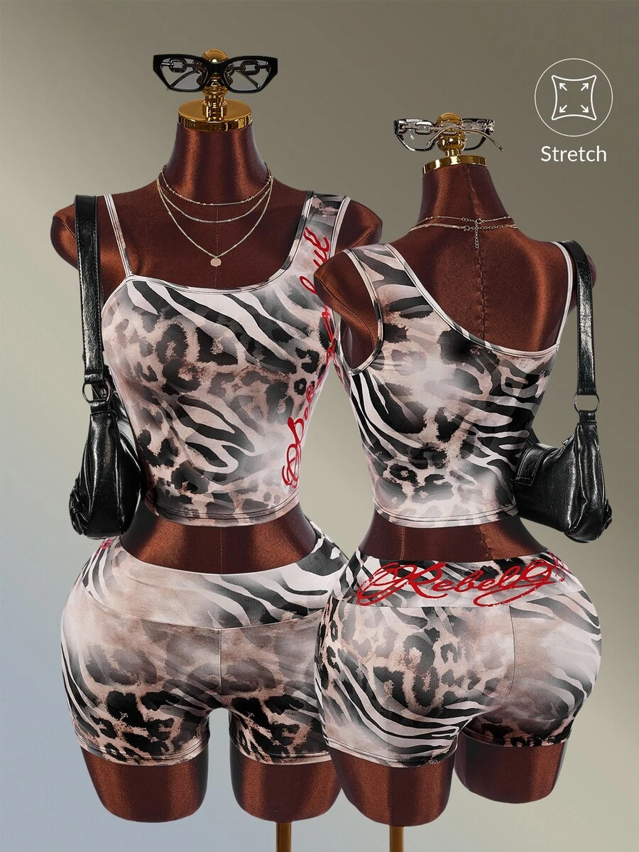 Amplova Women's Leopard Print Red English Letter Short Sleeve Sports Tank Top & Fitted Shorts Set - Brown - View 1