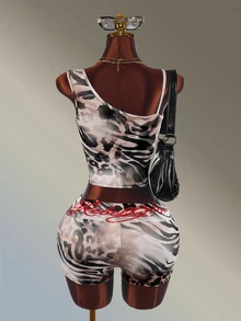 Amplova Women's Leopard Print Red English Letter Short Sleeve Sports Tank Top & Fitted Shorts Set - Brown - View 2